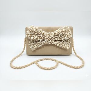 Nina Champagne Satin Pearl Bow Evening Clutch Bag Wedding Bridal Formal Euc